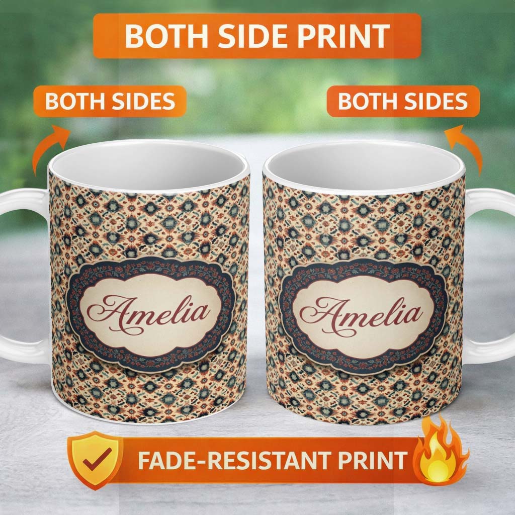 Personalized Custom Name Traditional Tribal Geometric Pattern in Earthy Tones Seamless Name 11oz Ceramic Coffee Tea Mug White Large Handle