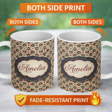 Personalized Custom Name Traditional Tribal Geometric Pattern in Earthy Tones Seamless Name 11oz Ceramic Coffee Tea Mug White Large Handle