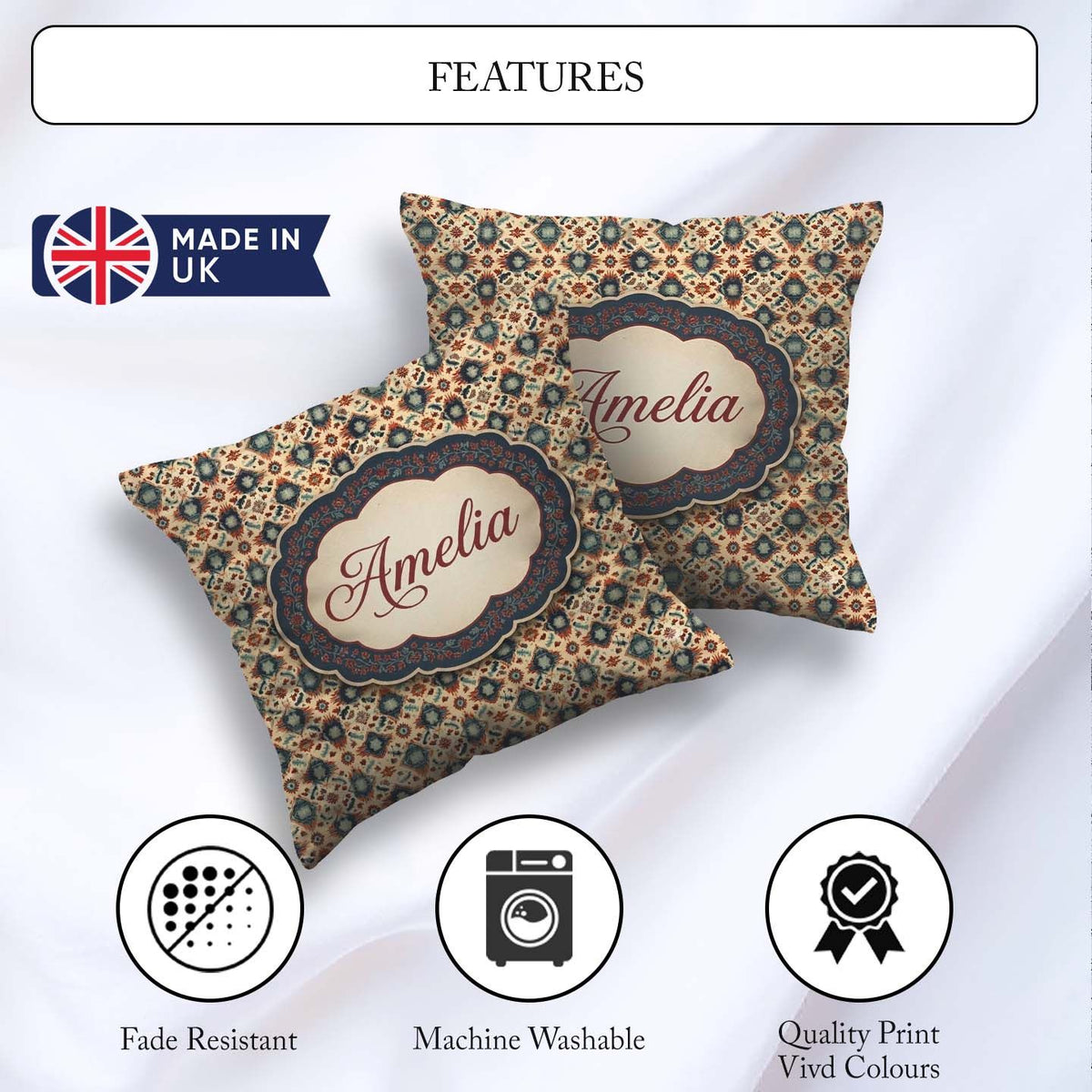 Custom Name Traditional Tribal Geometric Pattern in Earthy Tones Square Filled Cushion Throw Pillow Sofa Bed Home Decor Zip Washable UK Made
