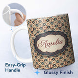 Personalized Custom Name Traditional Tribal Geometric Pattern in Earthy Tones Seamless Name 11oz Ceramic Coffee Tea Mug White Large Handle