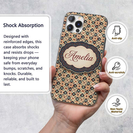 Traditional Tribal Geometric Pattern in Earthy Custom Name Protective Phone Case Mobile Cover Durable Everyday Smartphone Shock Resistant