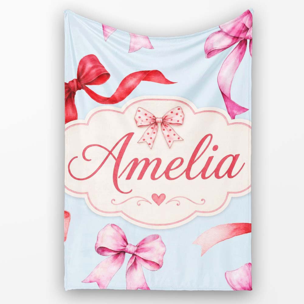Watercolor Ribbon Bow Seamless Pattern on Soft Blue Background  Personalised Custom Name Super Soft Fleece Blanket Bed Sofa Throw