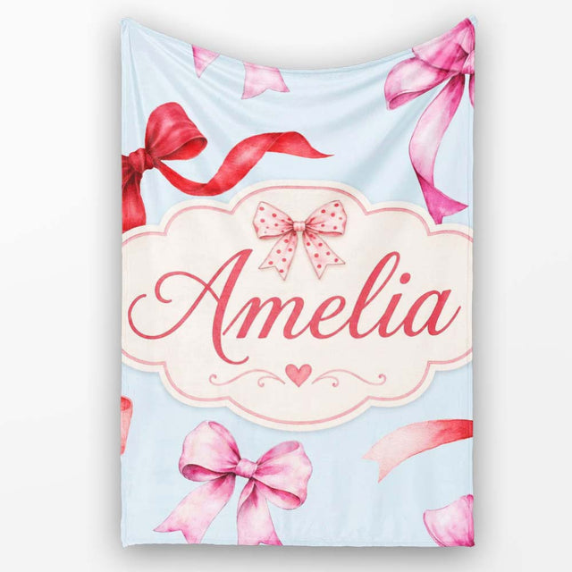 Watercolor Ribbon Bow Seamless Pattern on Soft Blue Background  Personalised Custom Name Super Soft Fleece Blanket Bed Sofa Throw