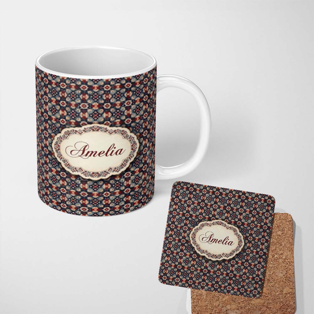 Personalized Custom Name Vintage Floral Medallion Pattern in Red Blue Tones Seamless Name 11oz Ceramic Coffee Tea Mug White Large Handle