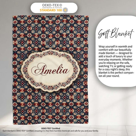 Vintage Floral Medallion Pattern in Red Blue Tones Seamless Name  Personalised Custom Name Super Soft Fleece Blanket Bed Sofa Throw