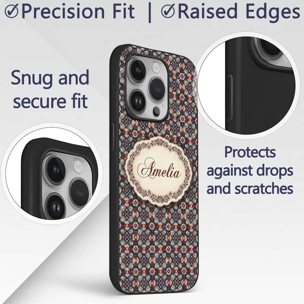 Vintage Floral Medallion Pattern in Red Blue Custom Name Protective Phone Case Mobile Cover Durable Everyday Smartphone Shock Resistant