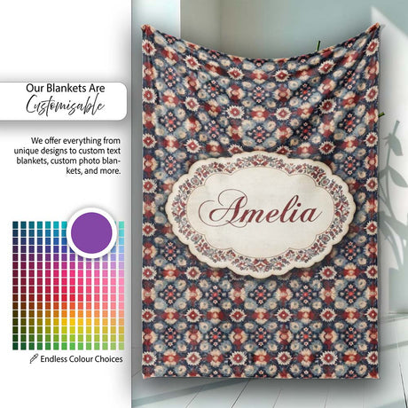 Vintage Floral Medallion Pattern in Red Blue Tones Seamless Name  Personalised Custom Name Super Soft Fleece Blanket Bed Sofa Throw
