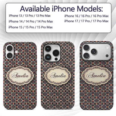Vintage Floral Medallion Pattern in Red Blue Custom Name Protective Phone Case Mobile Cover Durable Everyday Smartphone Shock Resistant
