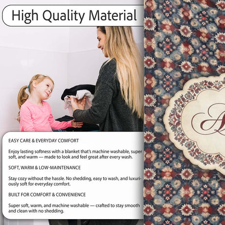 Vintage Floral Medallion Pattern in Red Blue Tones Seamless Name  Personalised Custom Name Super Soft Fleece Blanket Bed Sofa Throw