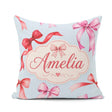 Custom Name Watercolor Ribbon Bow Seamless Pattern on Soft Blue Square Filled Cushion Throw Pillow Sofa Bed Home Decor Zip Washable UK Made