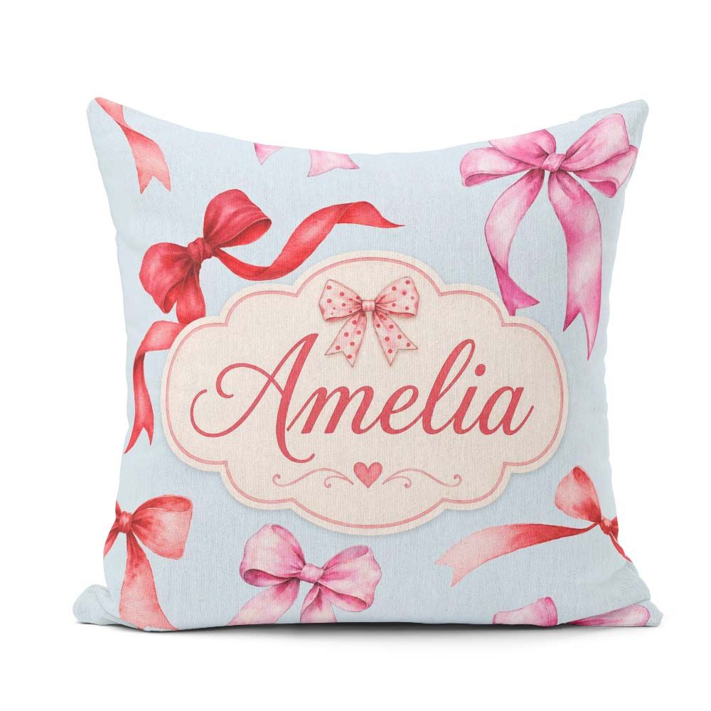 Custom Name Watercolor Ribbon Bow Seamless Pattern on Soft Blue Square Filled Cushion Throw Pillow Sofa Bed Home Decor Zip Washable UK Made