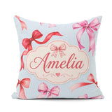 Custom Name Watercolor Ribbon Bow Seamless Pattern on Soft Blue Square Filled Cushion Throw Pillow Sofa Bed Home Decor Zip Washable UK Made
