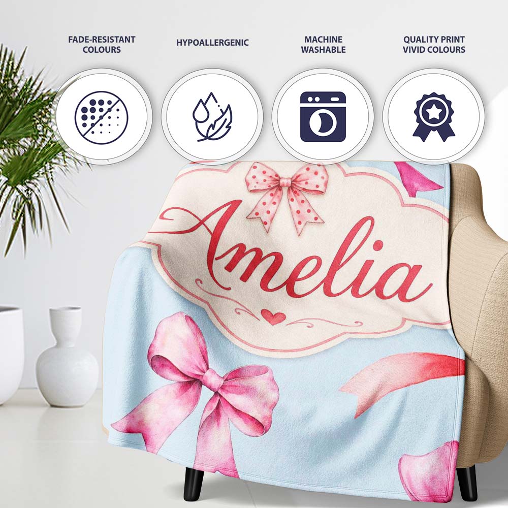 Watercolor Ribbon Bow Seamless Pattern on Soft Blue Background  Personalised Custom Name Super Soft Fleece Blanket Bed Sofa Throw
