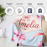 Watercolor Ribbon Bow Seamless Pattern on Soft Blue Background  Personalised Custom Name Super Soft Fleece Blanket Bed Sofa Throw