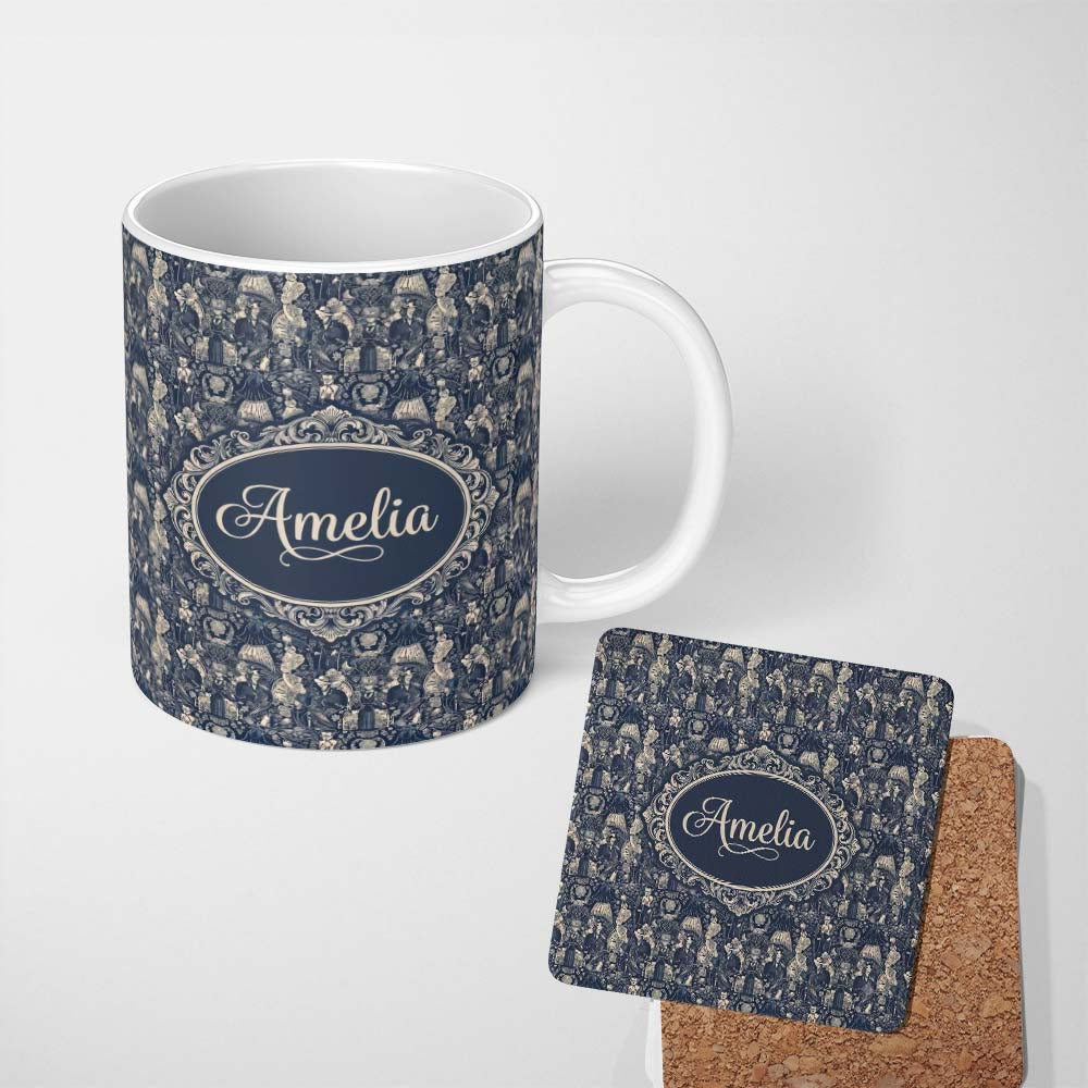 Personalized Custom Name Victorian Ladies and Gentlemen Toile Pattern in Navy Seamless Name 11oz Ceramic Coffee Tea Mug White Large Handle