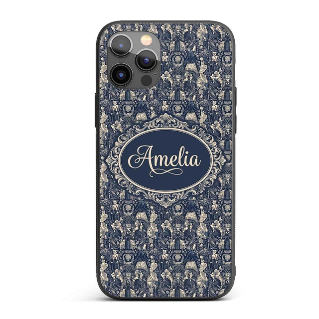 Victorian Ladies and Gentlemen Toile Pattern in Custom Name Protective Phone Case Mobile Cover Durable Everyday Smartphone Shock Resistant