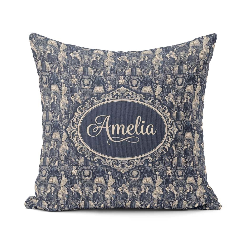 Custom Name Victorian Ladies and Gentlemen Toile Pattern in Navy Square Filled Cushion Throw Pillow Sofa Bed Home Decor Zip Washable UK Made