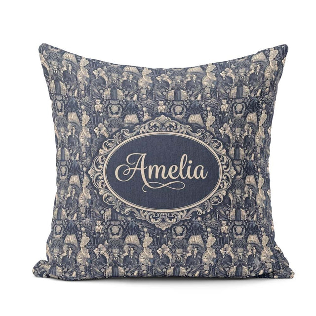 Custom Name Victorian Ladies and Gentlemen Toile Pattern in Navy Square Filled Cushion Throw Pillow Sofa Bed Home Decor Zip Washable UK Made
