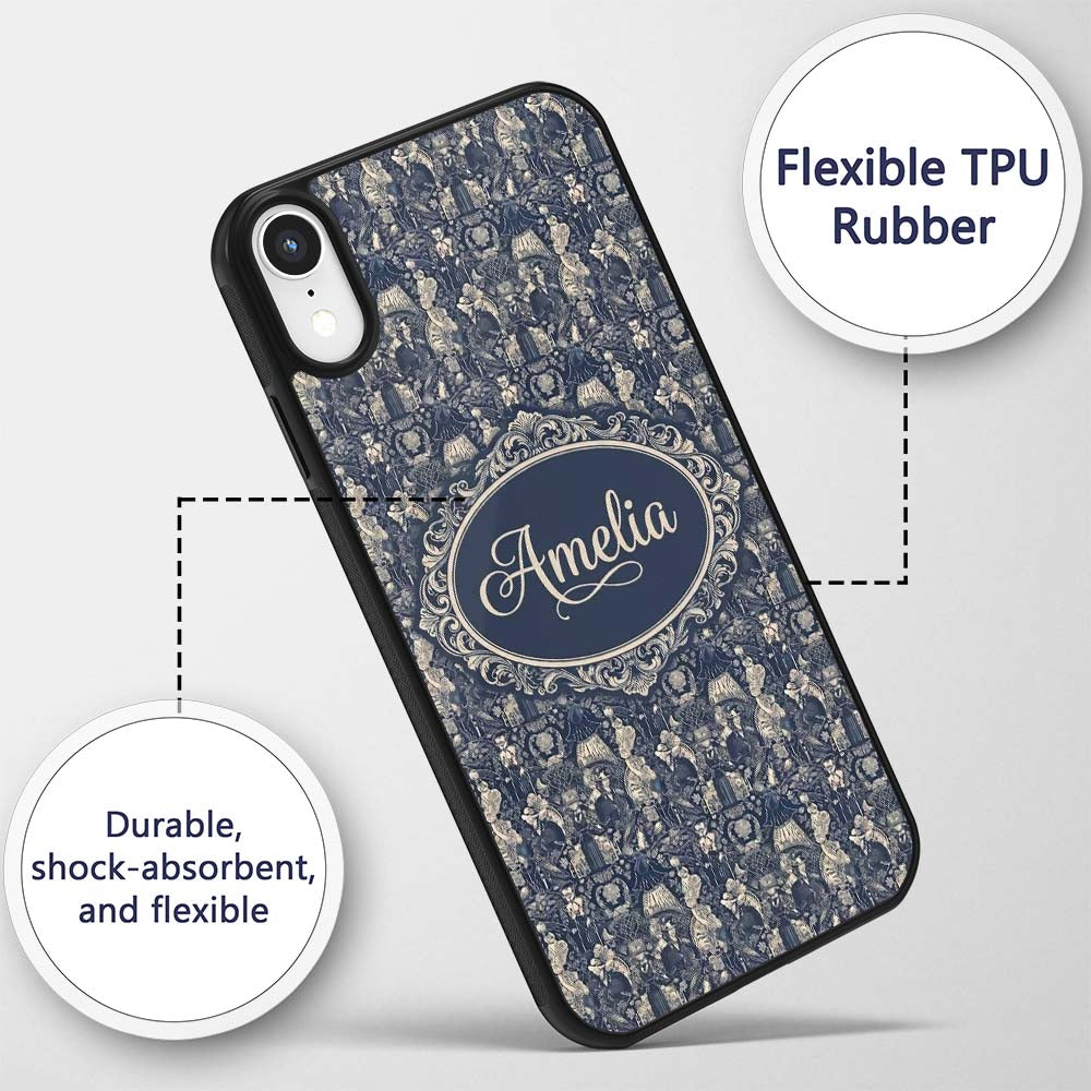 Victorian Ladies and Gentlemen Toile Pattern in Custom Name Protective Phone Case Mobile Cover Durable Everyday Smartphone Shock Resistant
