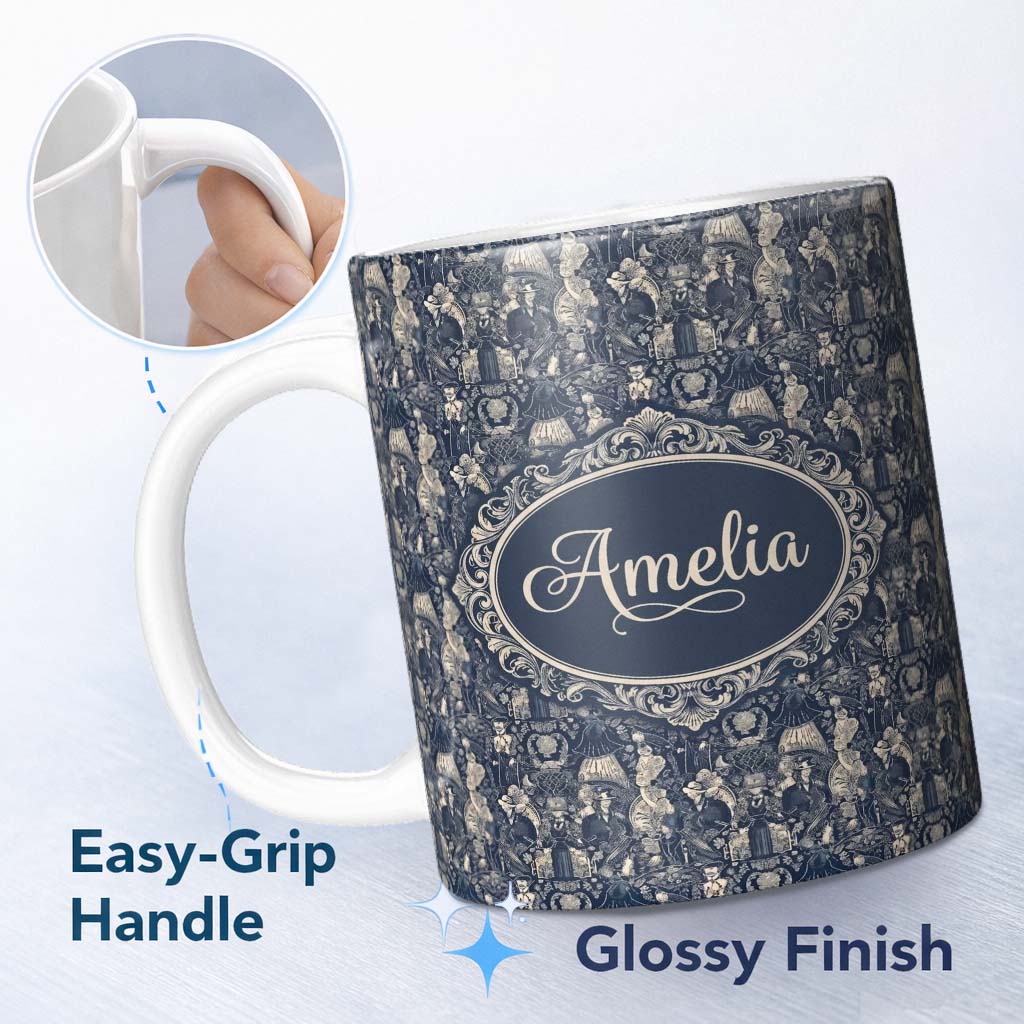 Personalized Custom Name Victorian Ladies and Gentlemen Toile Pattern in Navy Seamless Name 11oz Ceramic Coffee Tea Mug White Large Handle