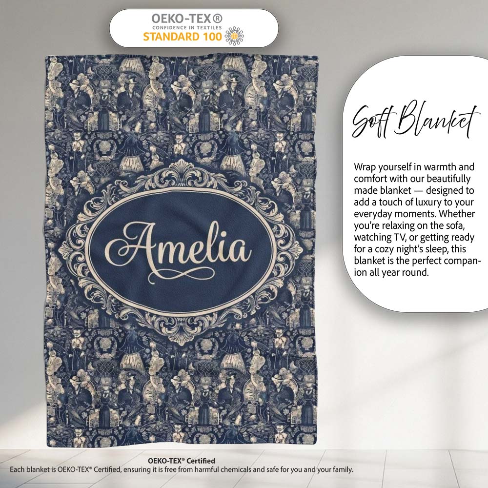 Victorian Ladies and Gentlemen Toile Pattern in Navy Seamless Name  Personalised Custom Name Super Soft Fleece Blanket Bed Sofa Throw