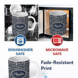 Personalized Custom Name Victorian Ladies and Gentlemen Toile Pattern in Navy Seamless Name 11oz Ceramic Coffee Tea Mug White Large Handle