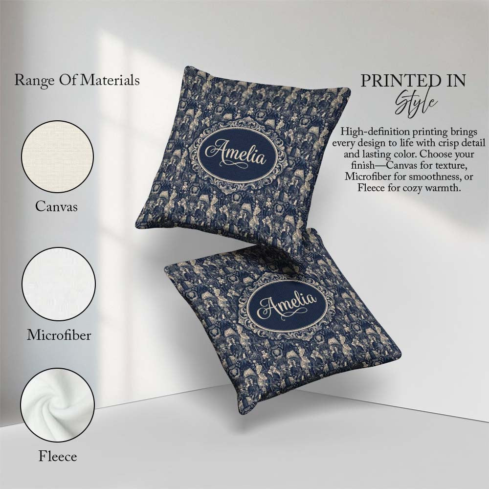 Custom Name Victorian Ladies and Gentlemen Toile Pattern in Navy Square Filled Cushion Throw Pillow Sofa Bed Home Decor Zip Washable UK Made