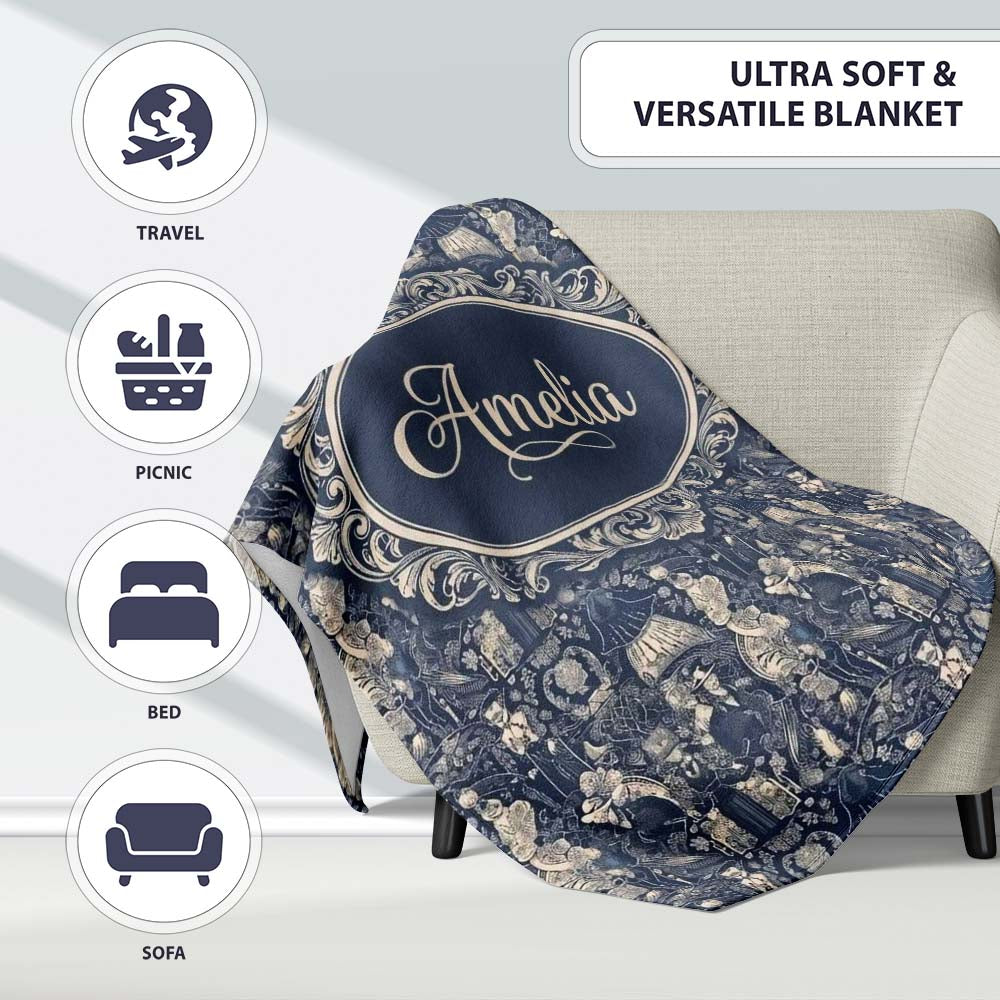Victorian Ladies and Gentlemen Toile Pattern in Navy Seamless Name  Personalised Custom Name Super Soft Fleece Blanket Bed Sofa Throw