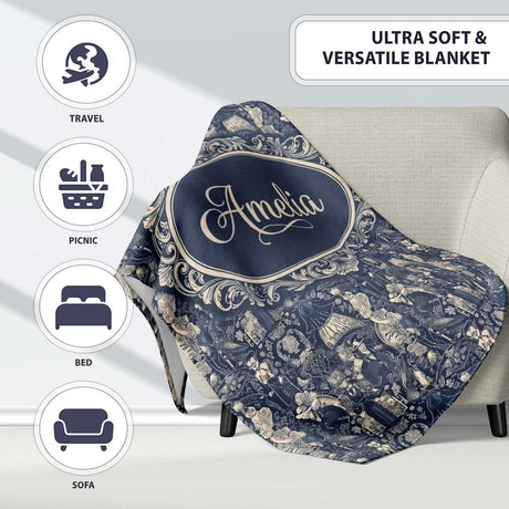 Victorian Ladies and Gentlemen Toile Pattern in Navy Seamless Name  Personalised Custom Name Super Soft Fleece Blanket Bed Sofa Throw