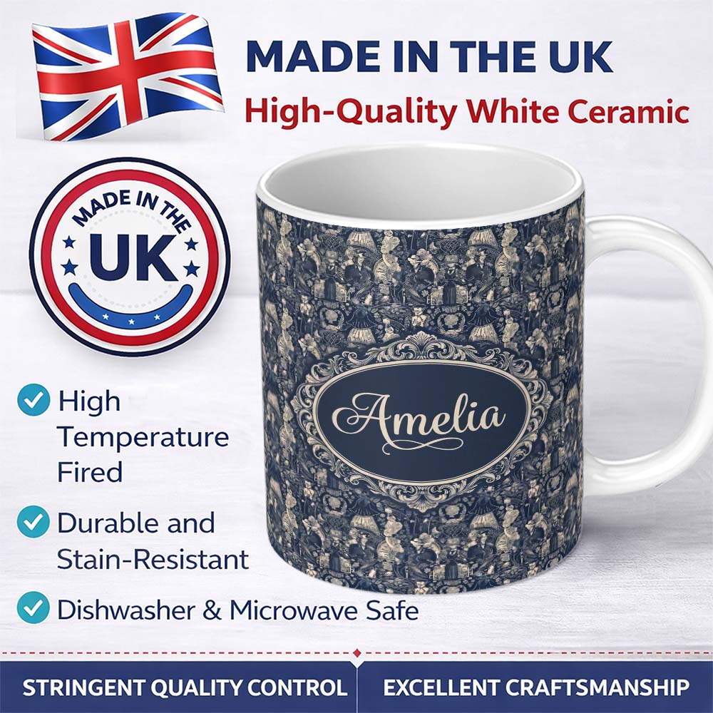 Personalized Custom Name Victorian Ladies and Gentlemen Toile Pattern in Navy Seamless Name 11oz Ceramic Coffee Tea Mug White Large Handle