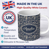 Personalized Custom Name Victorian Ladies and Gentlemen Toile Pattern in Navy Seamless Name 11oz Ceramic Coffee Tea Mug White Large Handle