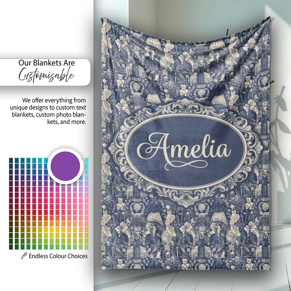 Victorian Ladies and Gentlemen Toile Pattern in Navy Seamless Name  Personalised Custom Name Super Soft Fleece Blanket Bed Sofa Throw