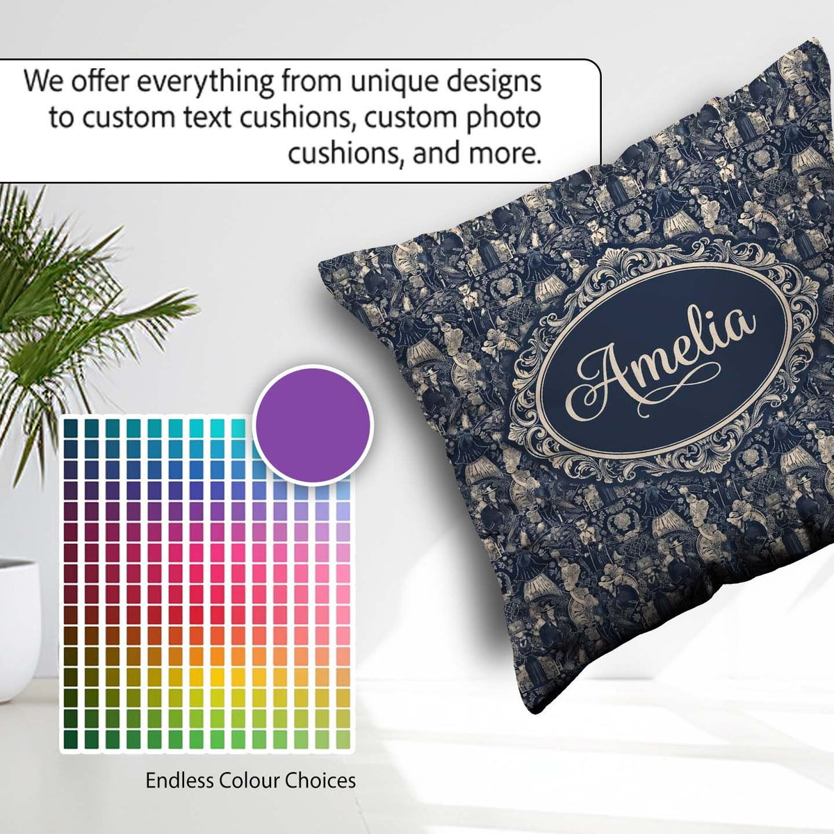 Custom Name Victorian Ladies and Gentlemen Toile Pattern in Navy Square Filled Cushion Throw Pillow Sofa Bed Home Decor Zip Washable UK Made