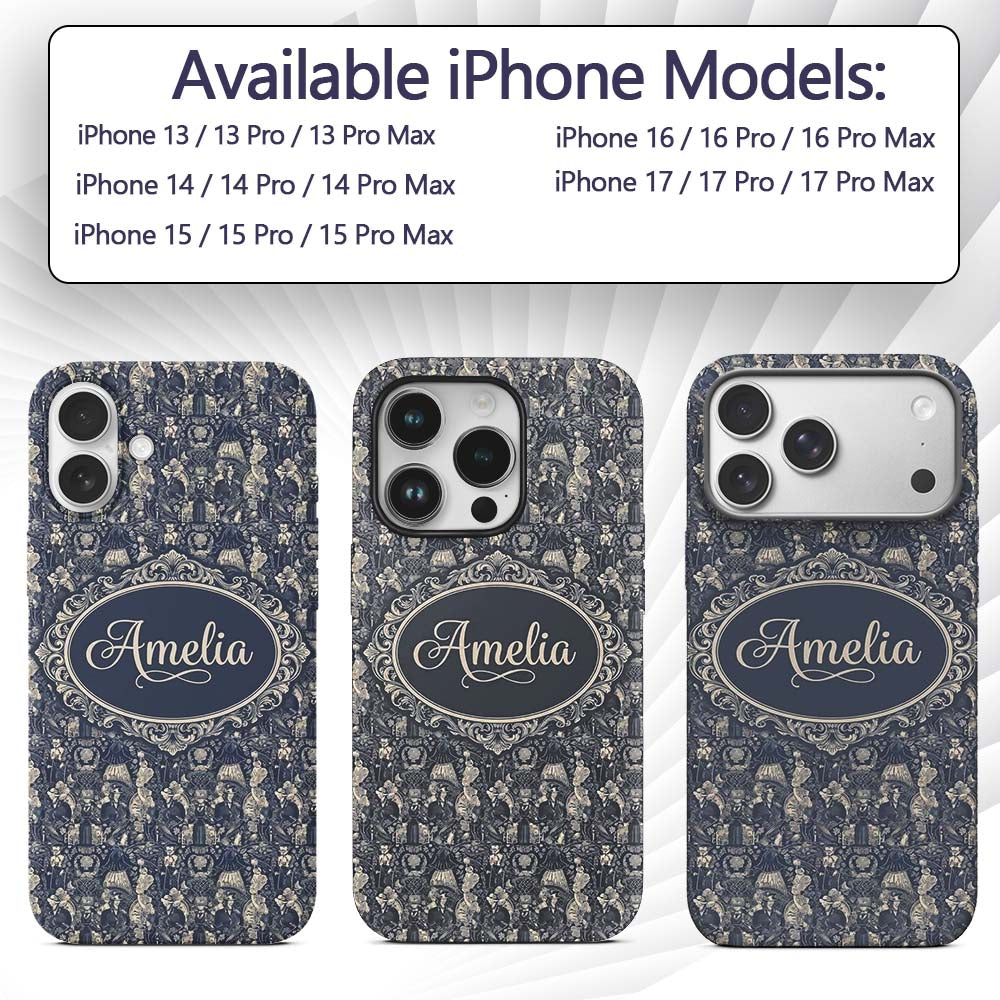 Victorian Ladies and Gentlemen Toile Pattern in Custom Name Protective Phone Case Mobile Cover Durable Everyday Smartphone Shock Resistant