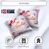 Custom Name Watercolor Ribbon Bow Seamless Pattern on Soft Blue Square Filled Cushion Throw Pillow Sofa Bed Home Decor Zip Washable UK Made