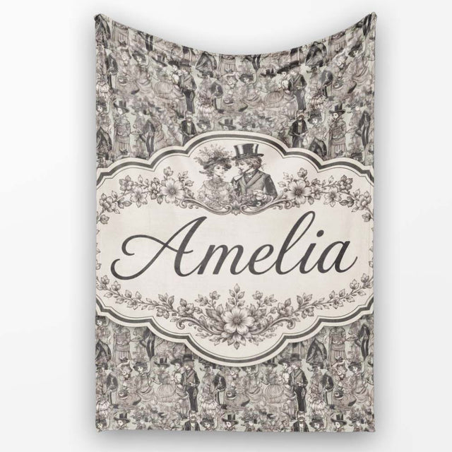 Antique Victorian Society Illustration Pattern Monochrome Seamless  Personalised Custom Name Super Soft Fleece Blanket Bed Sofa Throw
