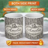 Personalized Custom Name Antique Victorian Society Illustration Pattern Monochrome Seamless 11oz Ceramic Coffee Tea Mug White Large Handle