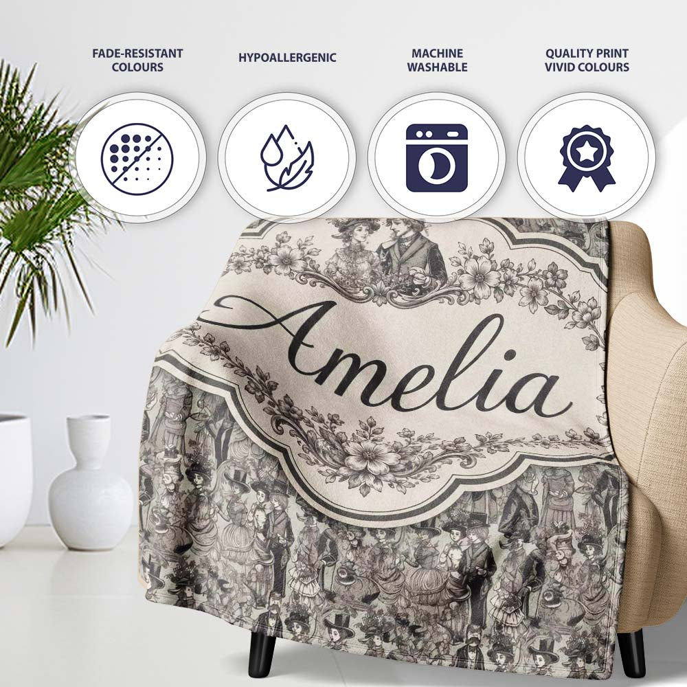 Antique Victorian Society Illustration Pattern Monochrome Seamless  Personalised Custom Name Super Soft Fleece Blanket Bed Sofa Throw