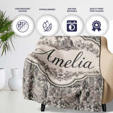 Antique Victorian Society Illustration Pattern Monochrome Seamless  Personalised Custom Name Super Soft Fleece Blanket Bed Sofa Throw