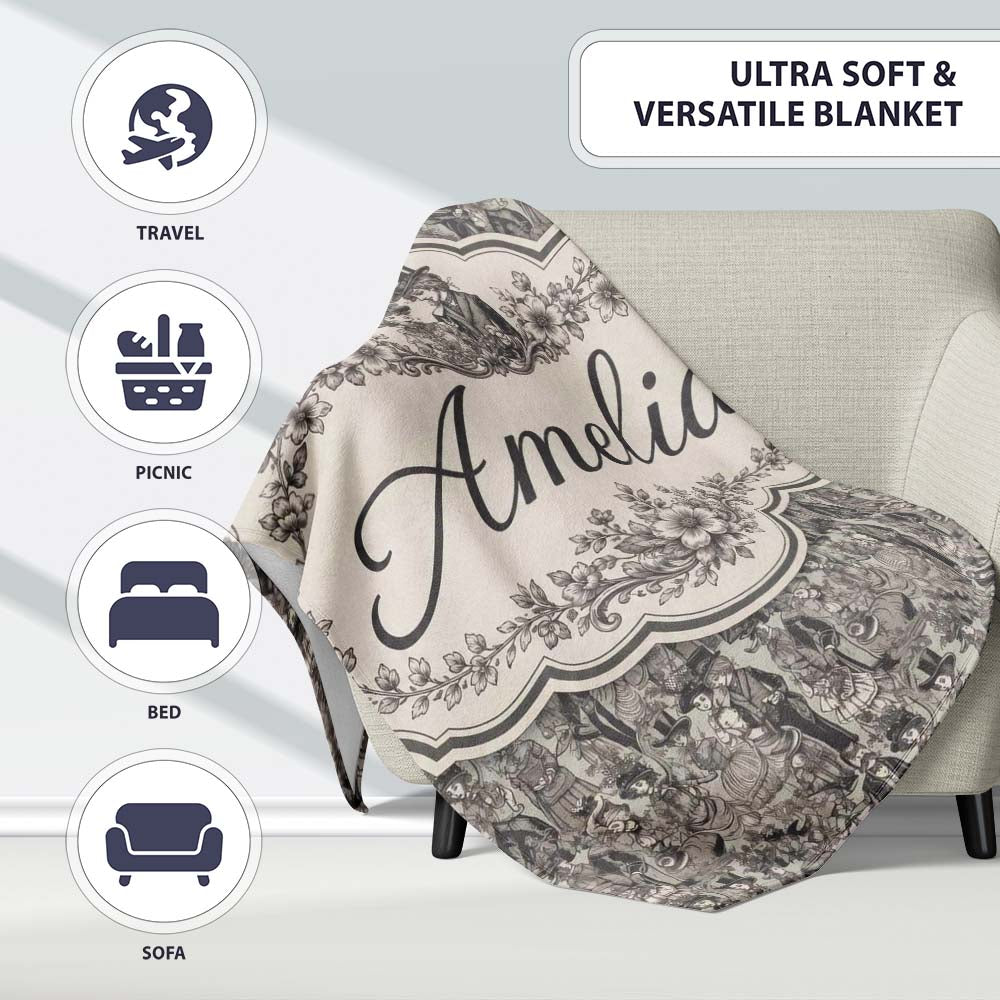 Antique Victorian Society Illustration Pattern Monochrome Seamless  Personalised Custom Name Super Soft Fleece Blanket Bed Sofa Throw