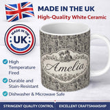 Personalized Custom Name Antique Victorian Society Illustration Pattern Monochrome Seamless 11oz Ceramic Coffee Tea Mug White Large Handle
