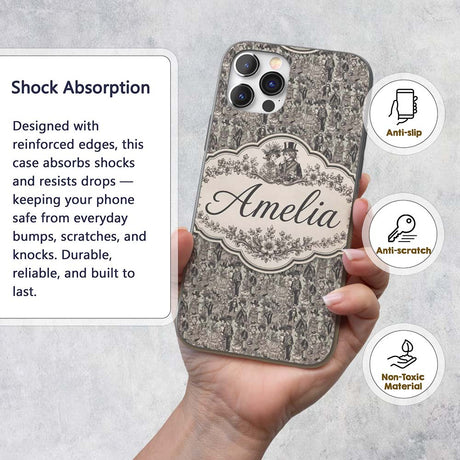 Antique Victorian Society Illustration Pattern Custom Name Protective Phone Case Mobile Cover Durable Everyday Smartphone Shock Resistant