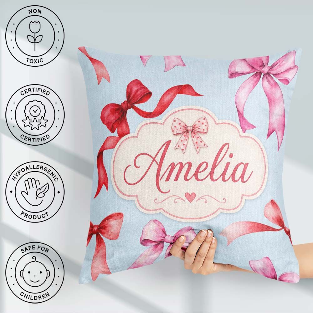 Custom Name Watercolor Ribbon Bow Seamless Pattern on Soft Blue Square Filled Cushion Throw Pillow Sofa Bed Home Decor Zip Washable UK Made