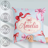 Custom Name Watercolor Ribbon Bow Seamless Pattern on Soft Blue Square Filled Cushion Throw Pillow Sofa Bed Home Decor Zip Washable UK Made