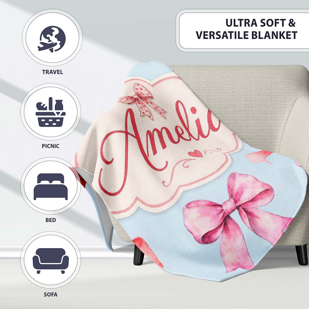Watercolor Ribbon Bow Seamless Pattern on Soft Blue Background  Personalised Custom Name Super Soft Fleece Blanket Bed Sofa Throw