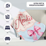 Watercolor Ribbon Bow Seamless Pattern on Soft Blue Background  Personalised Custom Name Super Soft Fleece Blanket Bed Sofa Throw