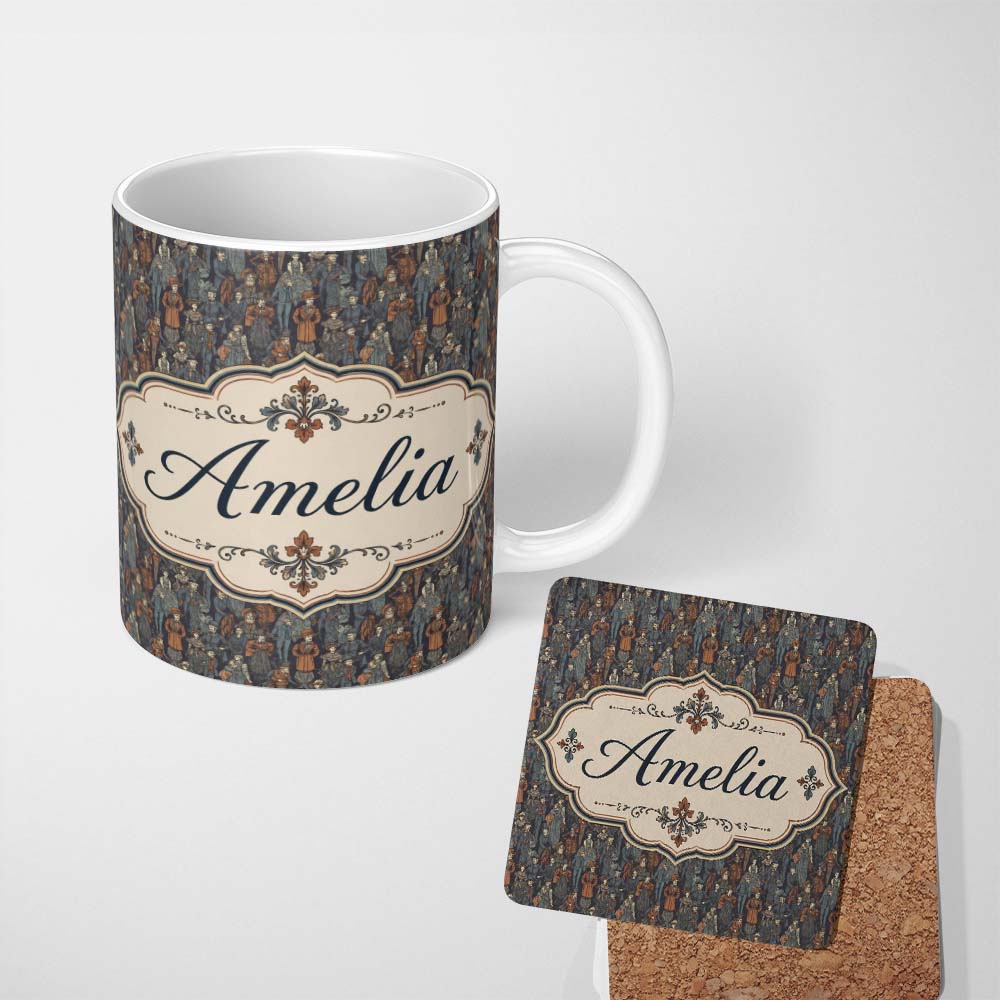 Personalized Custom Name Vintage Crowd Illustration People Pattern in Warm Tones Seamless 11oz Ceramic Coffee Tea Mug White Large Handle