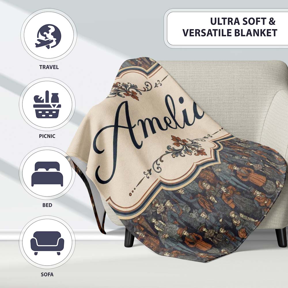 Vintage Crowd Illustration People Pattern in Warm Tones Seamless  Personalised Custom Name Super Soft Fleece Blanket Bed Sofa Throw