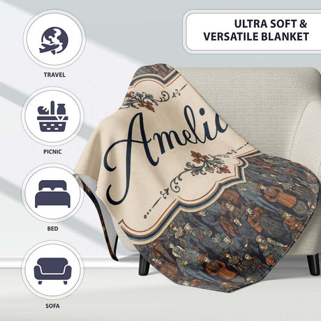 Vintage Crowd Illustration People Pattern in Warm Tones Seamless  Personalised Custom Name Super Soft Fleece Blanket Bed Sofa Throw