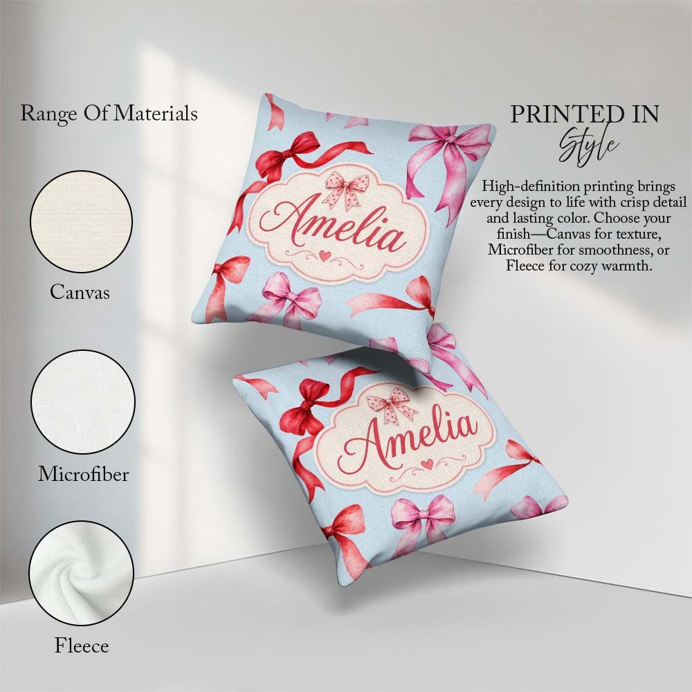 Custom Name Watercolor Ribbon Bow Seamless Pattern on Soft Blue Square Filled Cushion Throw Pillow Sofa Bed Home Decor Zip Washable UK Made